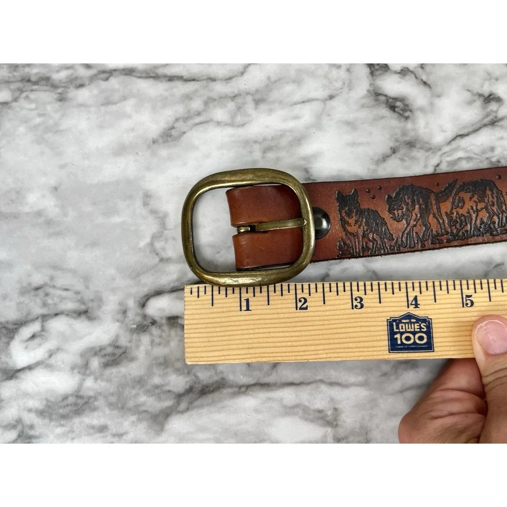 Tooled Vtg Leather Belt Wolf Feathers Moon Trees Brown Western Cowboy Rodeo